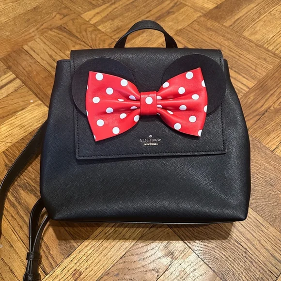 Disney Kate Spade New York Minnie Mouse Black Red Bow Leather Backpack - Picture 8 of 8